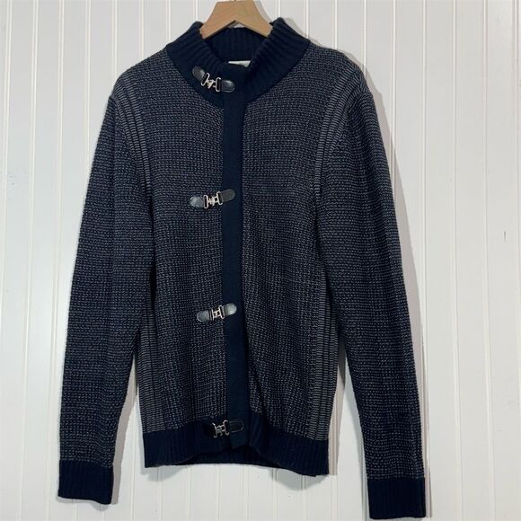 Nara Maglie Wool Blend Toggle Knit Cardigan Sweater Navy Gray Italy Style L - Picture 1 of 10